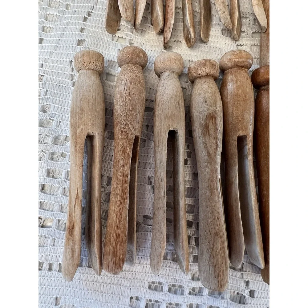 12 Antique Vintage Solid Wood Clothes Pins Round Head Primitive Wooden